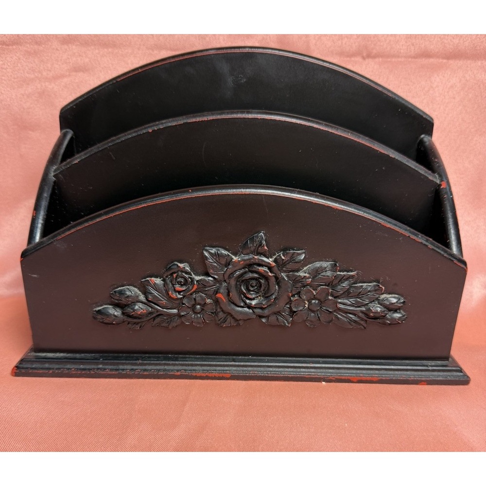 Vintage Black Wooden Desktop Mail Organizer Letter Holder Floral 3 Slot